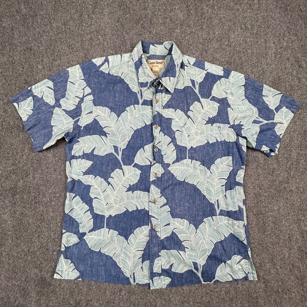 VTG Cooke Street Hawaiian Shirt Mens L Blue Palm Leaf Aloha Button Down